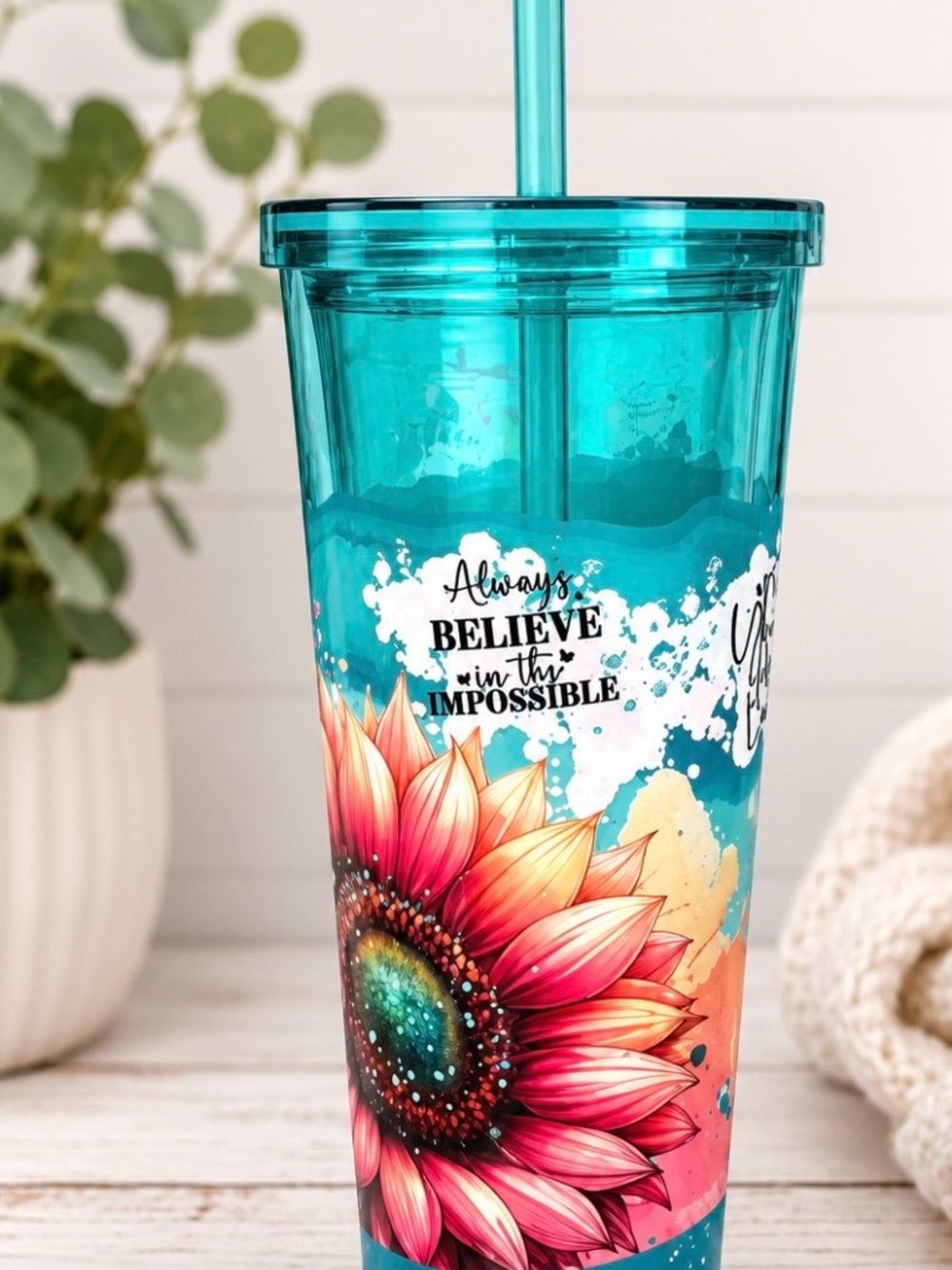 Turquoise Floral Sunflower Tumbler with Straw